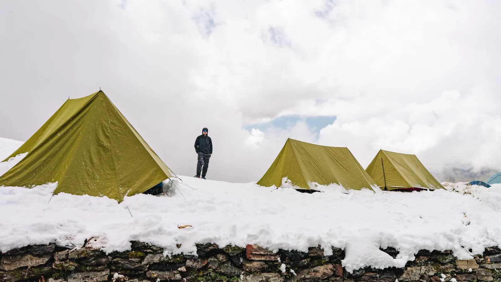 High-altitude camp in snowy conditions